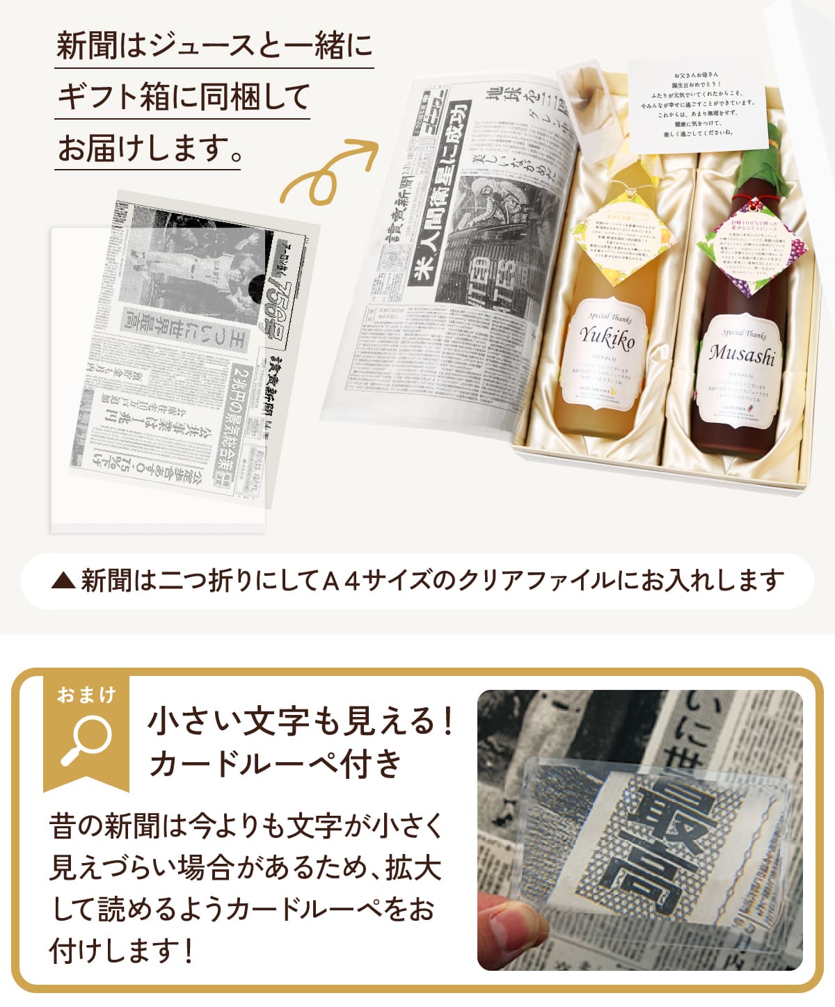 メモリアル新聞はジュースと一緒にギフト箱にお入れします