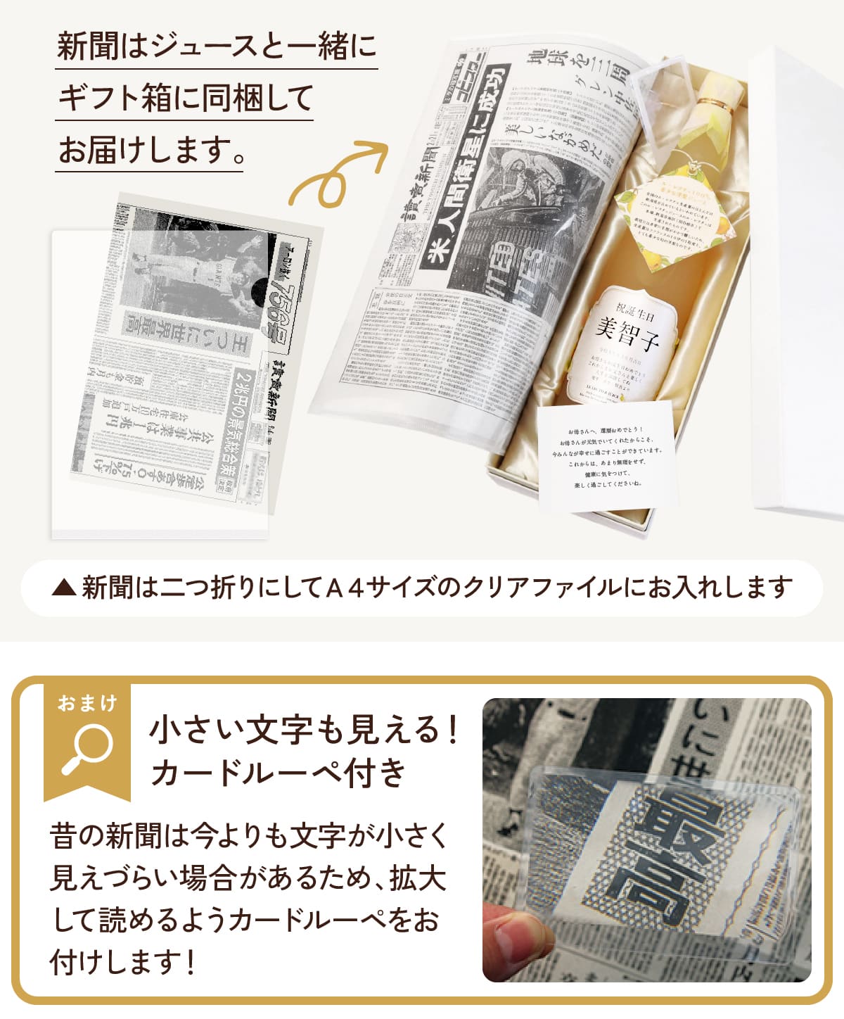 メモリアル新聞はジュースと一緒にギフト箱にお入れします